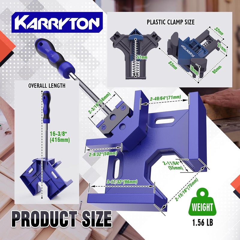KARRYTON 90 Degree Corner Clamp Set, 4 Pack Aluminum Alloy Swing Jaw Corner Clamps for Woodworking + 4 ABS Plastic Right Angle Clamps, Framing, Cabinet DIY - Image 2